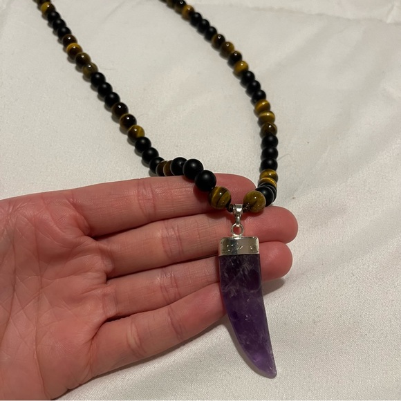 Tribal Long Beaded Necklace w/ a Horn Tusk Pendant Amethyst Tiger Eye Black Onyx - Picture 5 of 7